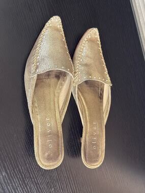 Oliver Addie Khaki Metallic Gold Leather Kitten Heel Mules Size 8 Pointed Toe